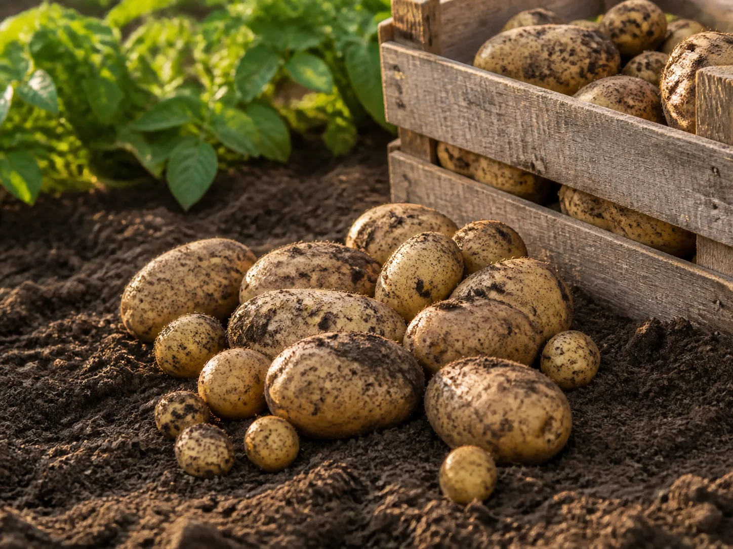 Patate appena raccolte sulla terra accanto a una cassetta di legno, immagine illustrativa